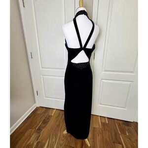 Vintage Reggio Black Velvet Sequin Halter Evening Prom Maxi Dress 10 runs small